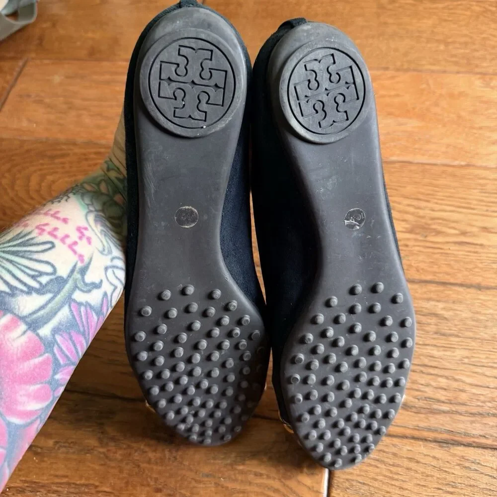 Tory Burch Pacey Driver Black Suede & Snakeskin With Gold Bar Ballet Flats 10.5